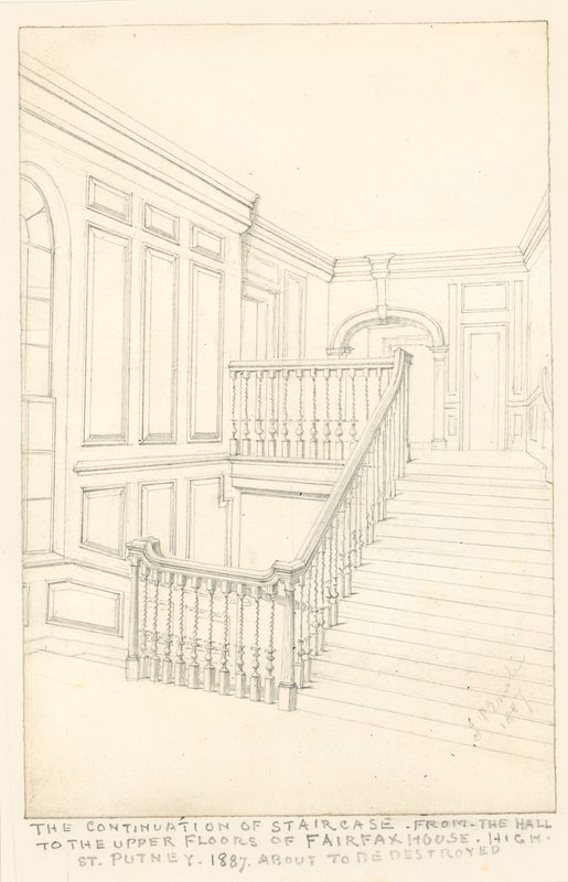 The continuation of staircase, from the hall to the upper floors, of Fairfax House, High Street, Putney, 1887  by John Phillipp Emslie