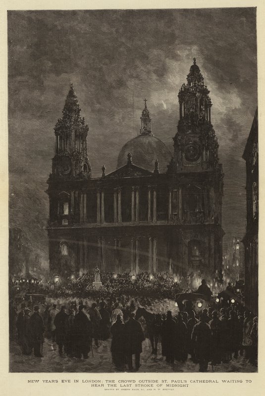 Londra'da Yılbaşı Gecesi, St Paul Katedrali'nin dışındaki Kalabalık Gece Yarısının Son Darbesini duymayı bekliyor by Joseph Nash