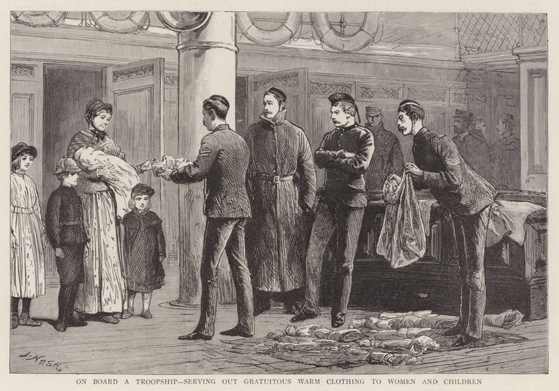 Bir Birlik Gemisinde, Kadınlara ve Çocuklara karşılıksız sıcak giysiler sunmak by Joseph Nash