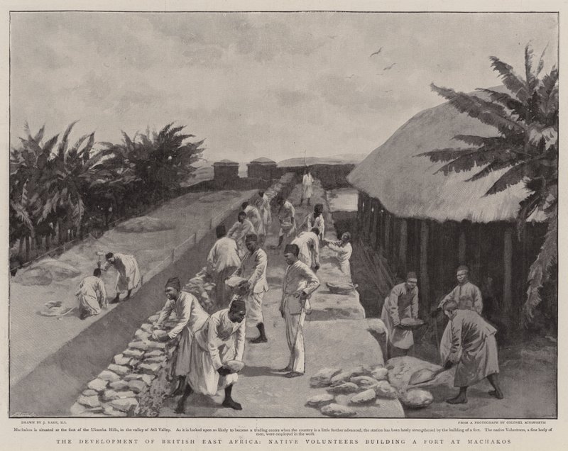İngiliz Doğu Afrika'nın Gelişimi, Yerli Gönüllüler Machakos'ta bir Kale inşa ediyor by Joseph Nash