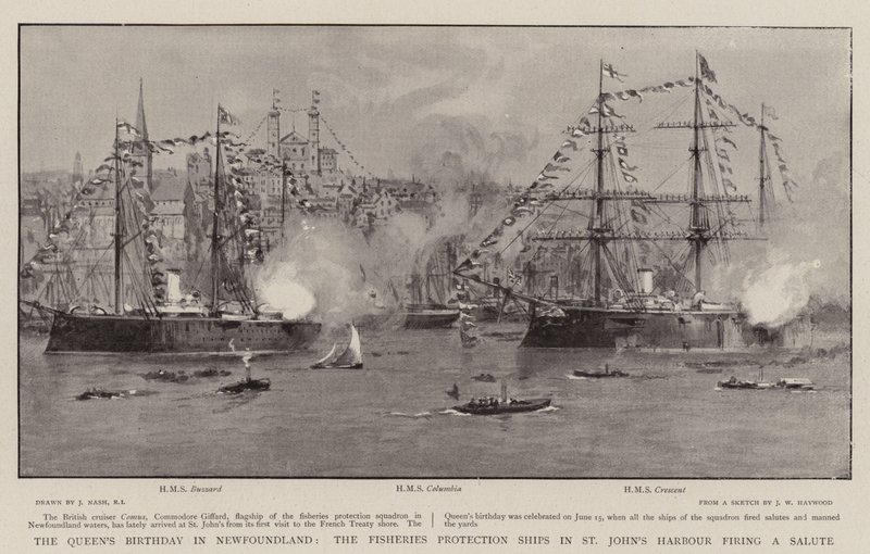 Kraliçe'nin Newfoundland'daki Doğum Günü, St John's Harbor'daki Balıkçılık Koruma Gemileri Selam Veriyor by Joseph Nash