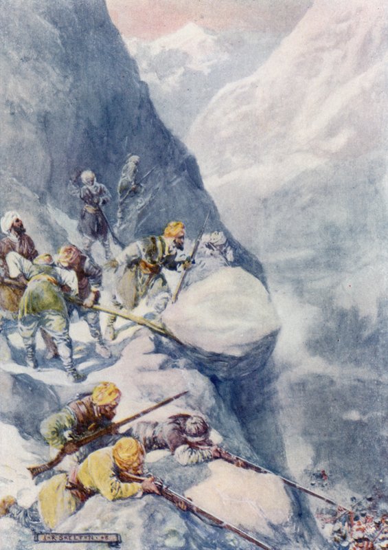 Yuvarlanan taşlar tarafından ezilen, tüfek atışlarının yaylım ateşi tarafından biçilen adamlar yüzlerce by Joseph Ratcliffe Skelton