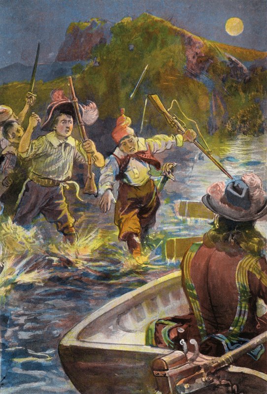 Robinson Crusoe: Adamlarımız teknelere koşuyor (renkli taş) by Joseph (after) Finnemore