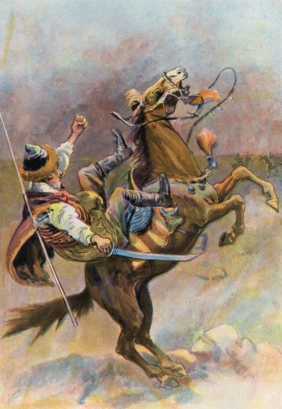 Robinson Crusoe: At tartarı fırlattı ve üzerine düştü (renkli taş) by Joseph (after) Finnemore
