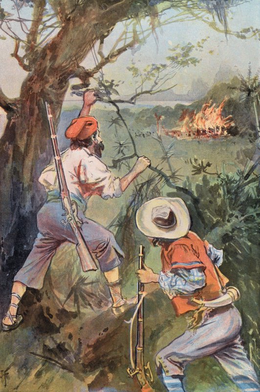 Robinson Crusoe: Yanan kulübeler (renkli taş) by Joseph (after) Finnemore