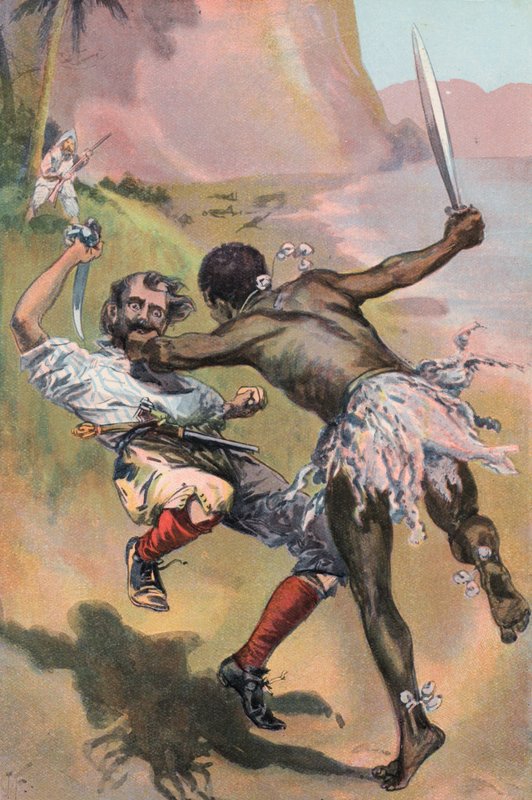 Robinson Crusoe: İspanyol bir vahşi tarafından saldırıya uğradı (renkli taş) by Joseph (after) Finnemore