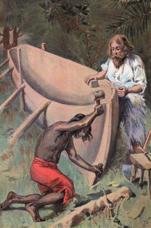 Robinson Crusoe: Büyük bir tekne yapıyoruz (renkli taş) by Joseph (after) Finnemore