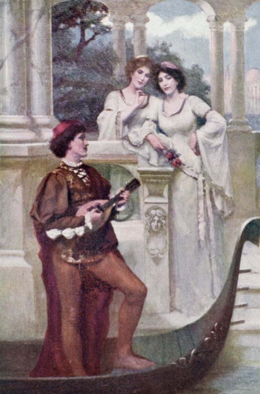 İki genç kıza müzik çalan genç adam (renkli taş) by Joseph (after) Finnemore