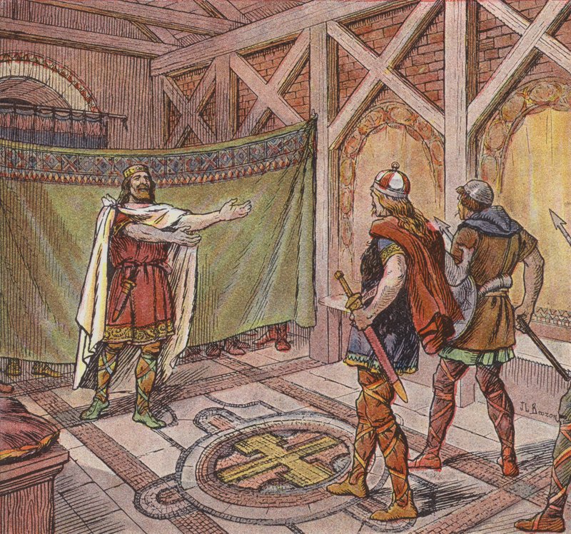 Chlothar, kardeşi Theuderic tarafından öldürülmesi emredilen suikastçıların ayaklarını görüyorum (renkli taş) by Joseph Beuzon