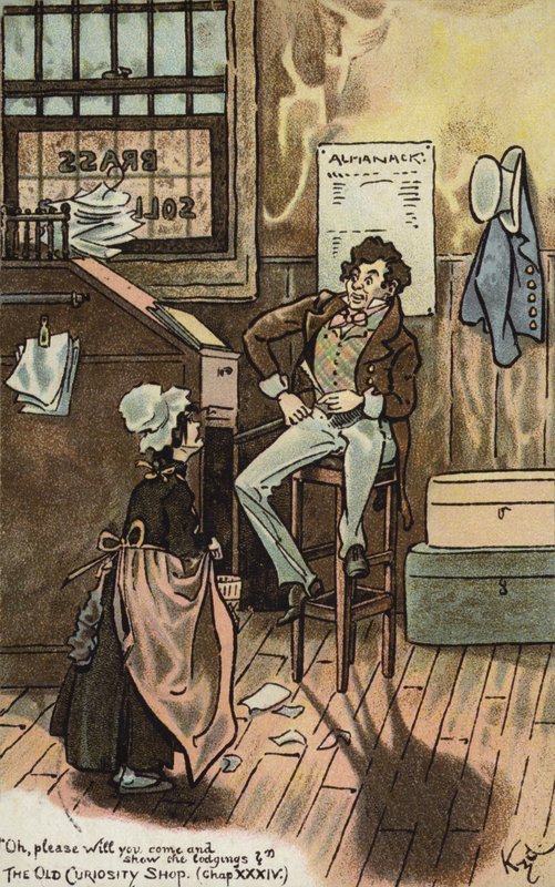 Charles Dickens#39;ın The Old Curiosity Shop#39;tan bir sahnesi (renkli litho) by Joseph Clayton (1856 1937) (after) Clarke