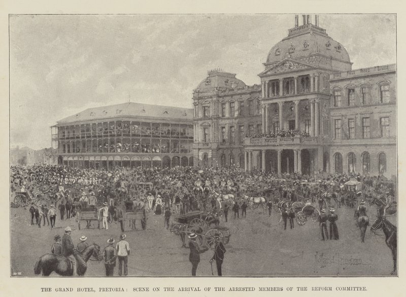 The Grand Hotel, Pretoria, Scene on the Arrival of the Arrested Members of the Reform Committee  by Joseph Holland Tringham