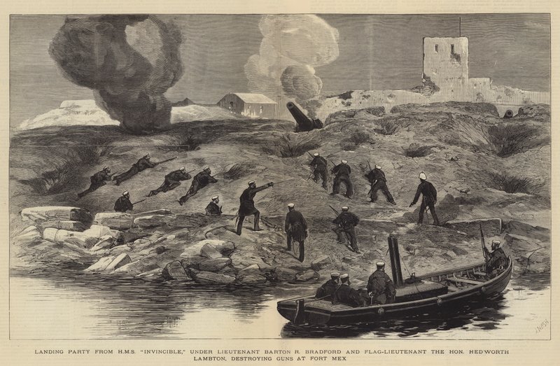 İskenderiye Bombardımanı, HMS Invincible'dan Çıkarma Partisi, Teğmen Barton R Bradford ve Bayrak Teğmen Onurlu Hedworth Lambton komutasında Fort Mex'te Silahları yok ediyor by Joseph Nash