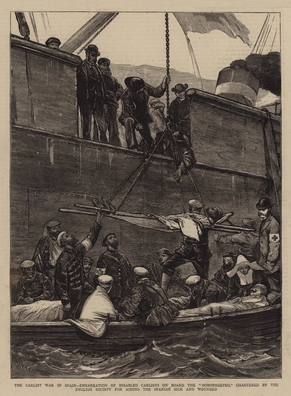 İspanya'daki Carlist Savaşı, Engelli Carlistlerin Somorrostro'ya Bindirilmesi, İngiliz Cemiyeti tarafından İspanyol Hasta ve Yaralılara yardım etmek için kiralandı by Joseph Nash