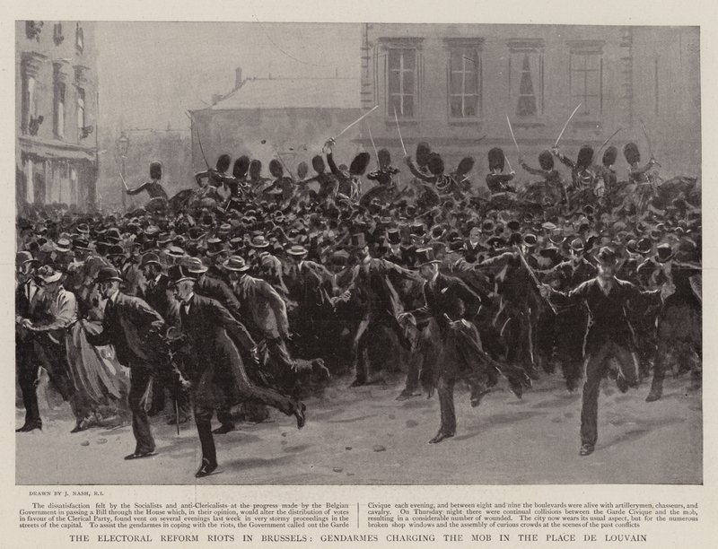 Brüksel'deki Seçim Reformu Ayaklanmaları, Jandarmaların Place de Louvain'deki Mob'u suçlaması by Joseph Nash