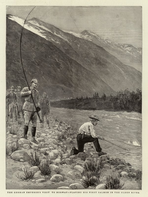 Alman İmparatoru'nun Norveç'i ziyareti, Olden Nehri'nde İlk Somonunu çalması by Joseph Nash