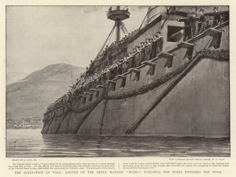 Volo'nun İşgali, Yunan Savaş Gemisi Hydra'daki Denizciler Kasabaya giren Türkleri izliyor by Joseph Nash