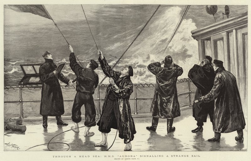 Bir Baş Denizin İçinden, HMS Aurora Garip Bir Yelkeni işaret ediyor by Joseph Nash