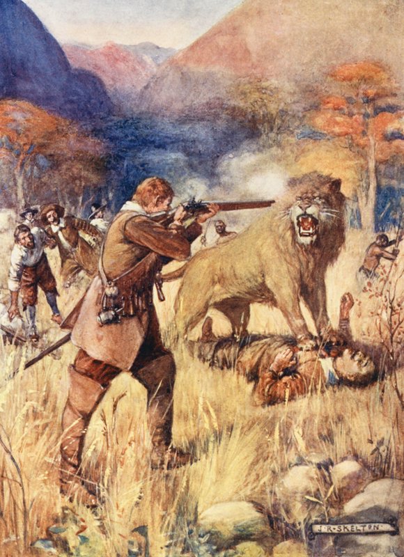 Büyük bir Aslan Adamlardan birinin üzerine atladı (renkli litho) by Joseph Ratcliffe (after) Skelton