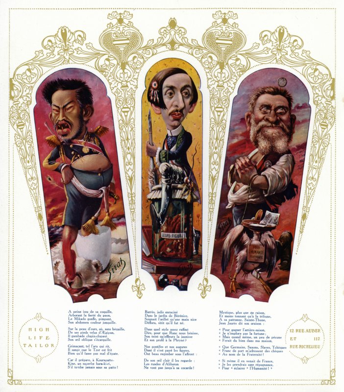 Karikatürler: Japonya İmparatoru Meiji; Maurice Barres, Fransız yazar ve milliyetçi politikacı; Jean Jaures, Fransız politikacı (renkli taş) by Joseph Sirat
