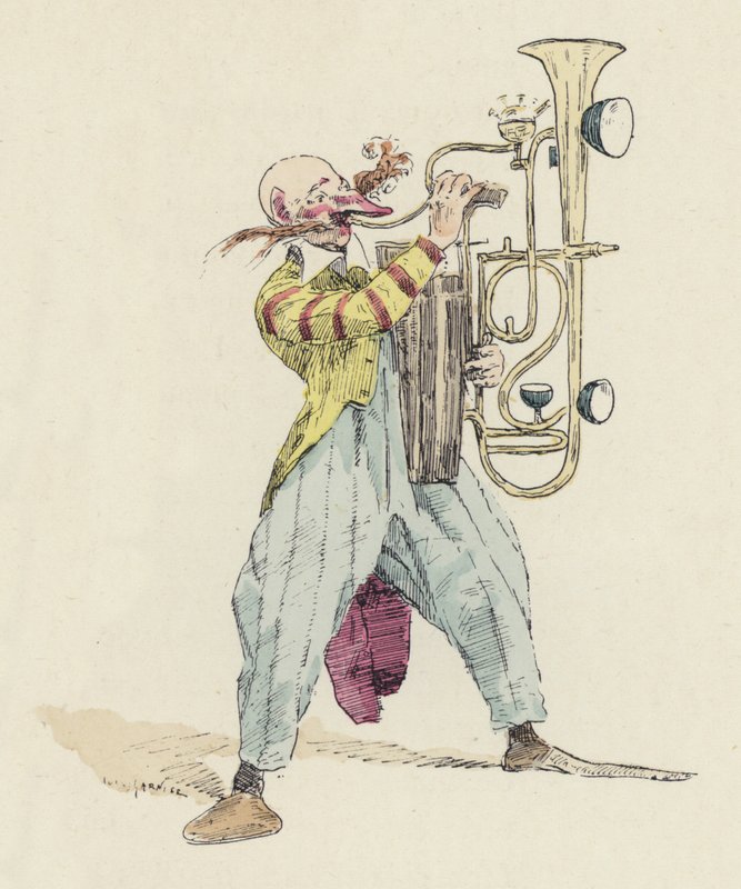 Sıra dışı bir müzik aleti çalan palyaço (renkli taş) by Jules Arsene (after) Garnier