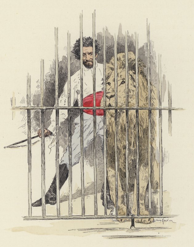 Bir kafeste aslan ve aslan terbiyecisi (renkli taş) by Jules Arsene (after) Garnier