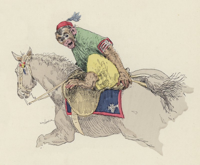 Maymun ata biniyor (renkli taş) by Jules Arsene (after) Garnier