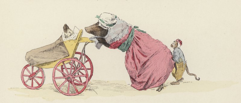 Arkasında bir maymun varken bir köpeği çocuk arabasına iten domuz (renkli lito) by Jules Arsene (after) Garnier