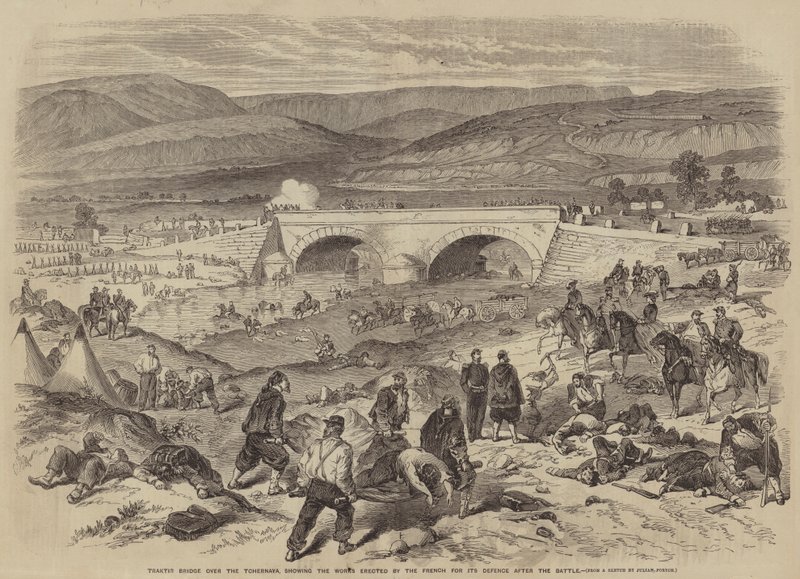 Tchernaya üzerindeki Traktir Köprüsü, Fransızların Savaştan Sonra Savunması için diktikleri İşleri gösteriyor. by Julian Portch