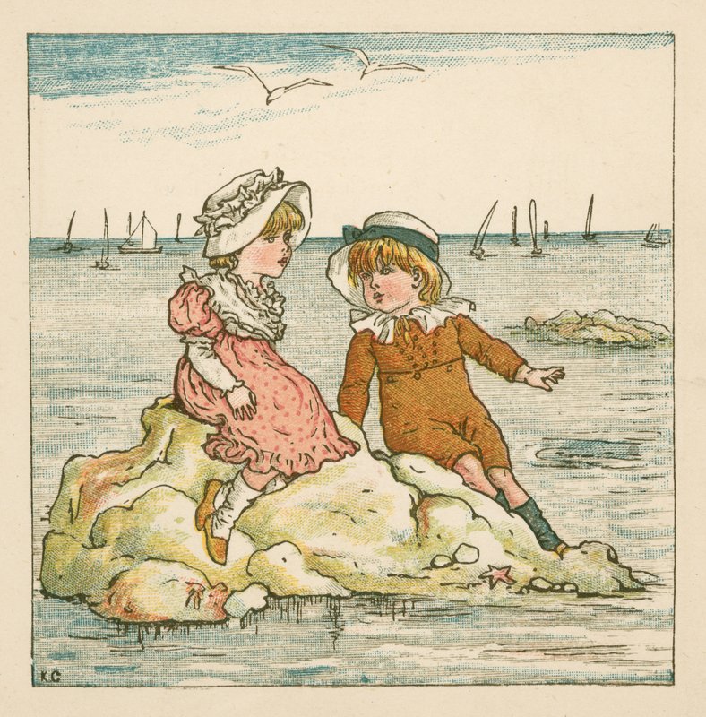 Oğlan ve kız bir kayanın üzerinde mahsur kaldı (renkli taş) by Kate (after) Greenaway