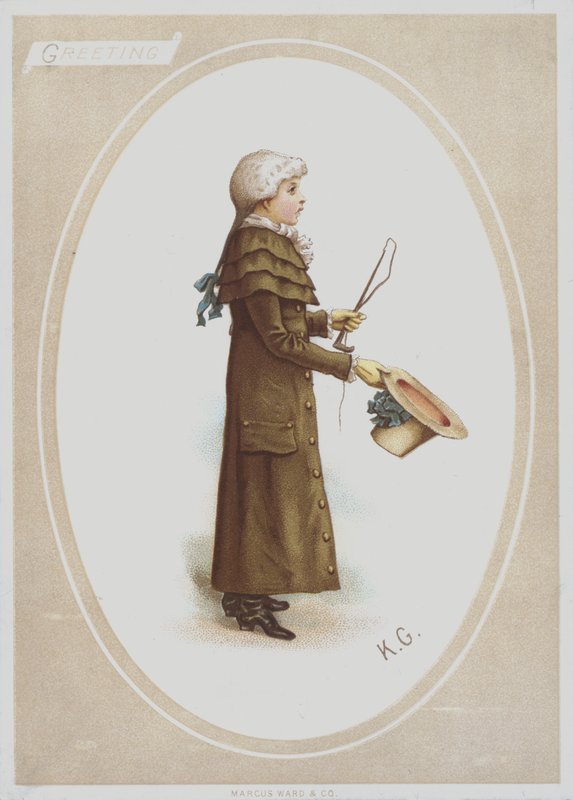 Uzun kahverengi paltolu, peruklu, şapkalı ve av kamçılı çocuk (renkli taş) by Kate (after) Greenaway