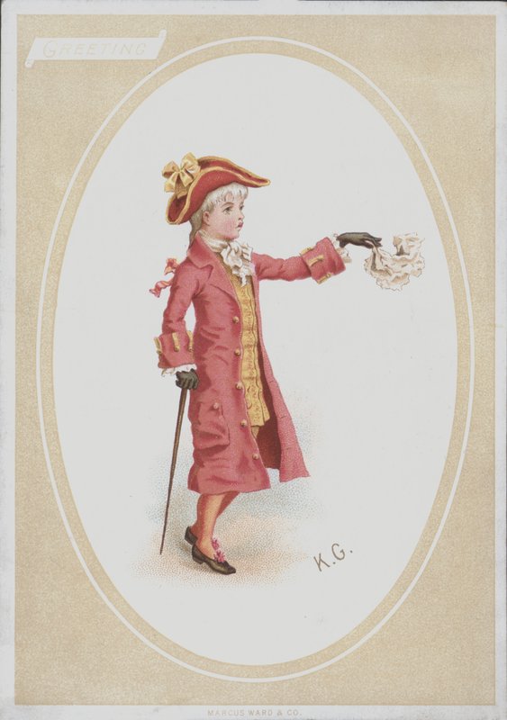 Kırmızı takım elbiseli çocuk, mendil sallıyor (renkli litho) by Kate (after) Greenaway
