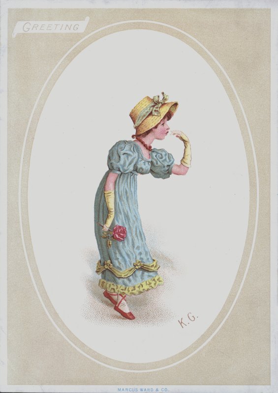Mavi elbiseli kız, hasır şapkalı, elinde gül (renkli taş) by Kate (after) Greenaway