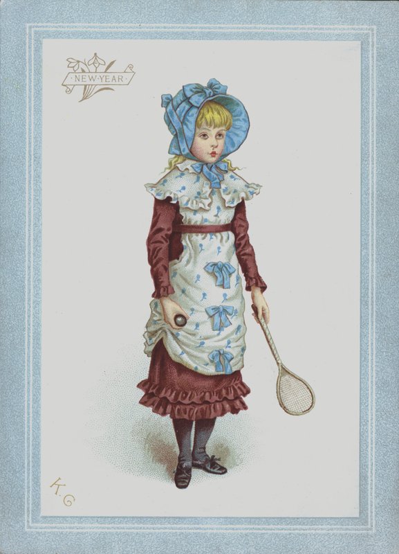 Elbiseli ve boneli kız, elinde raketle ve raketle (renkli taş) by Kate (after) Greenaway
