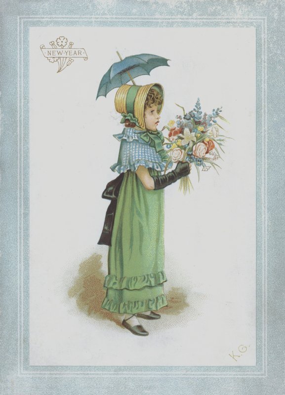 Yeşil elbiseli kız, elinde şemsiye ve bir buket çiçek tutuyor. by Kate Greenaway
