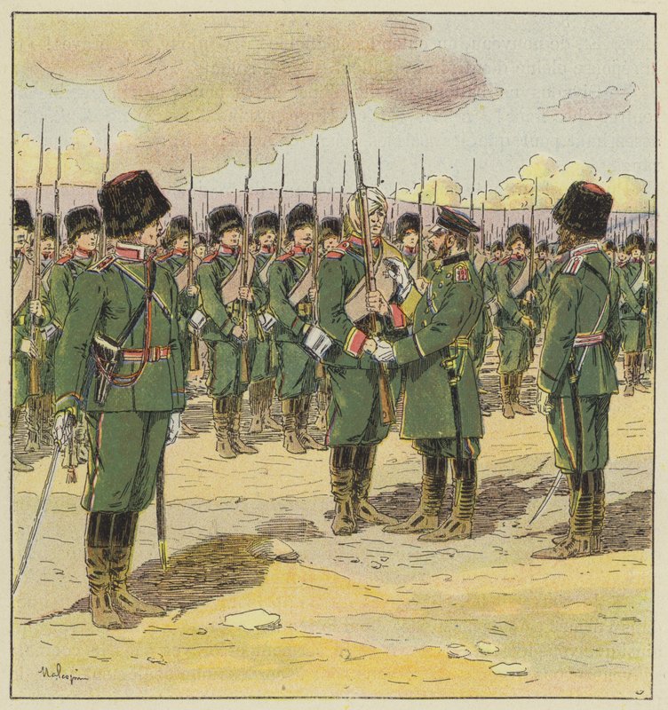 General Kuropatkin, Kin-Tcheou savaşından sonra birlikleri gözden geçiriyor by L. Malespine
