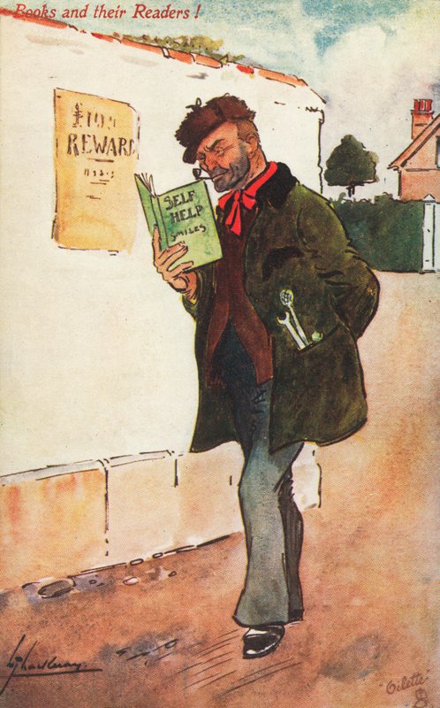 Kendi kendine yardım kitabı okuyan işçi (renkli taş) by Lance Thackeray
