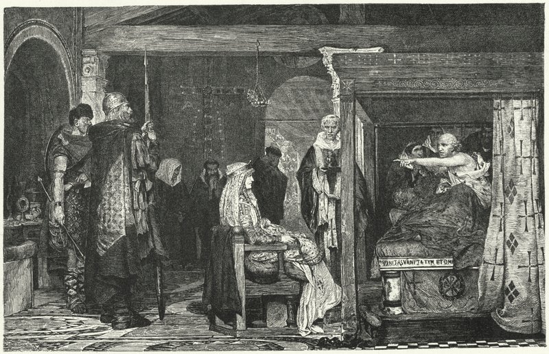 Kraliçe Fredegund, Piskopos Praetextatus'un ölüm döşeğinde, 586 by Lawrence Alma Tadema