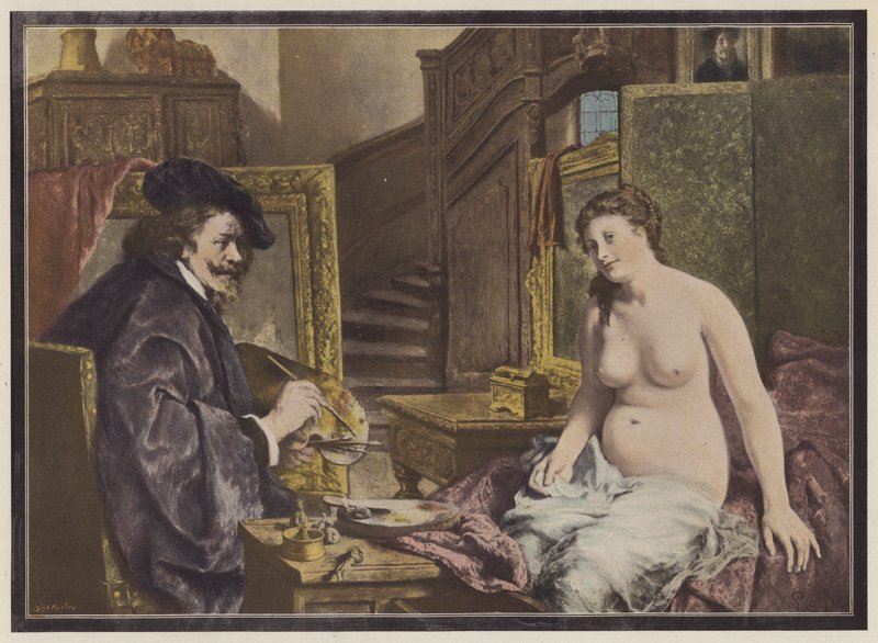Rembrandt, Hollandalı sanatçı stüdyosunda iş başında (renkli lito) by Leon Brunin