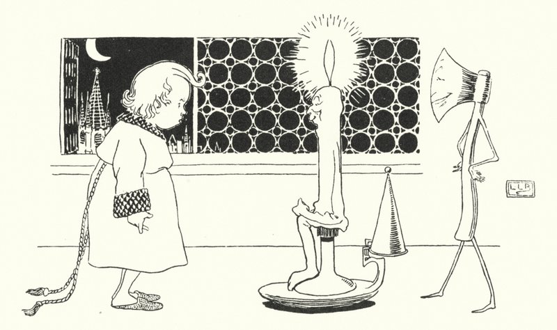 İşte seni yatağa atmak için bir mum geliyor (gravür) by Leonard Leslie Brooke