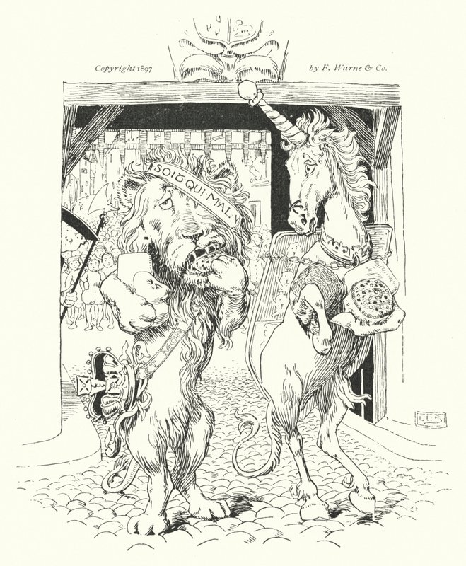 Aslan ve tek boynuzlu at taç için savaşıyordu (gravür) by Leonard Leslie Brooke