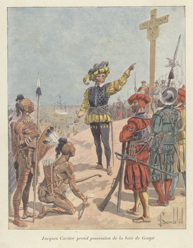 Jacques Cartier claims French possession of Gaspe Bay, Canada, 1534  by Louis Charles Bombled