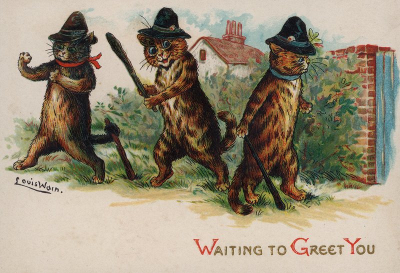 Sizi selamlamak için bekleyen üç kedi by Louis Wain