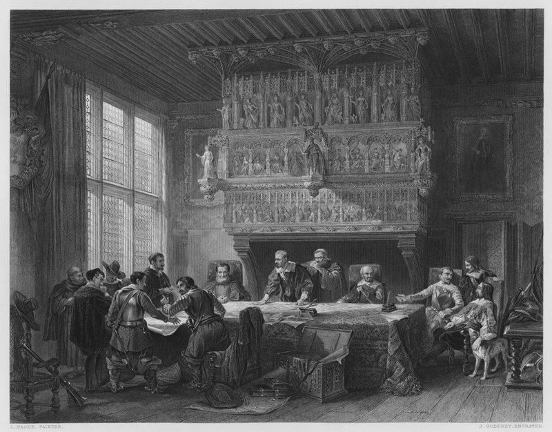 Courtray'deki Savaş Konseyi, Vernon Galerisi'ndeki resimden (gravür) by Louis (after) Haghe