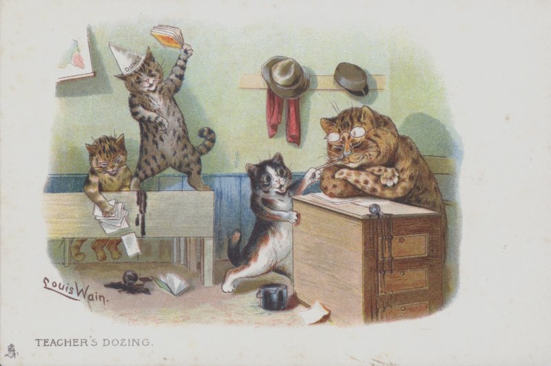 Sınıftaki kediler: öğretmen uyukluyor ve bu yüzden öğrenciler yaramazlık yapıyor (chromolitho) by Louis (after) Wain