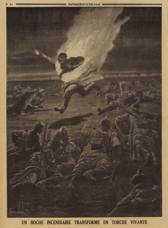 Yanıcı maddeler taşıyan Alman askeri, bir gece muharebesi sırasında insan meşalesine dönüştü, I. Dünya Savaşı by Louis Charles (after) Bombled