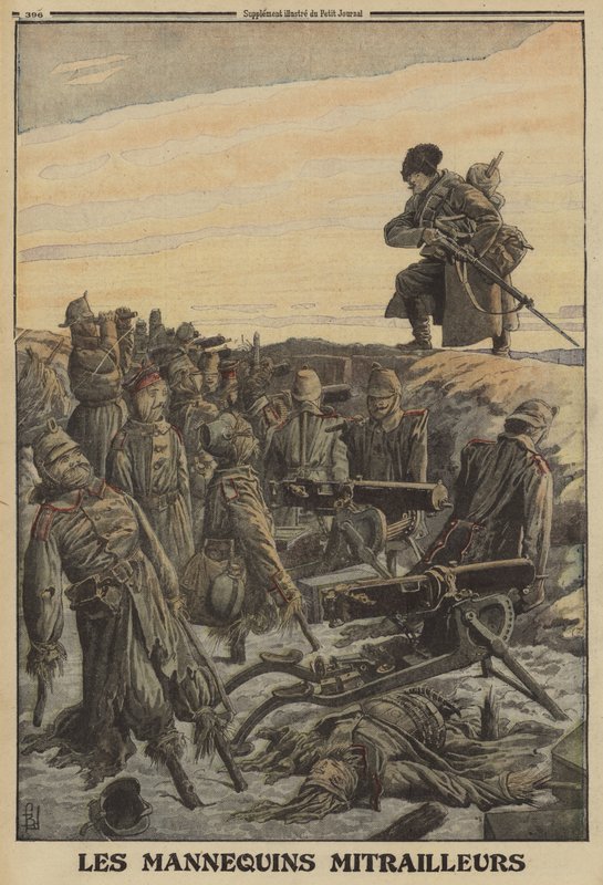 Rus askeri, sahte askerler tarafından yönetilen makineli tüfeklerle bir Alman siperi keşfediyor; birinci Dünya Savaşı by Louis Charles (after) Bombled