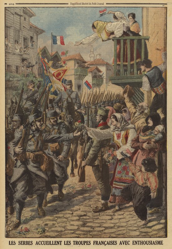 Sırp siviller, Fransız birliklerinin gelişini coşkuyla selamlıyor, I. by Louis Charles (after) Bombled