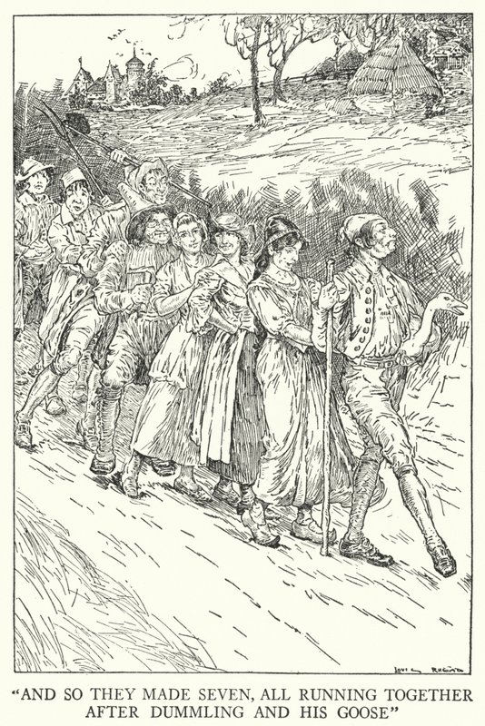 "Ve böylece yedi tane yaptılar, hep birlikte Dummling ve kazının peşinden koştular" (lito) by Louis John Rhead
