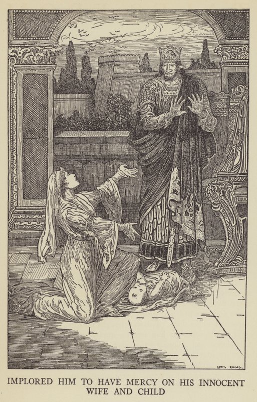 Masum karısına ve çocuğuna merhamet etmesi için yalvardı by Louis John Rhead