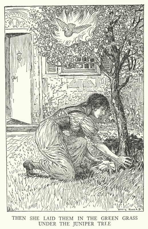 Onları ardıç ağacının (litho) altındaki yeşil çimenlere koydu. by Louis John Rhead